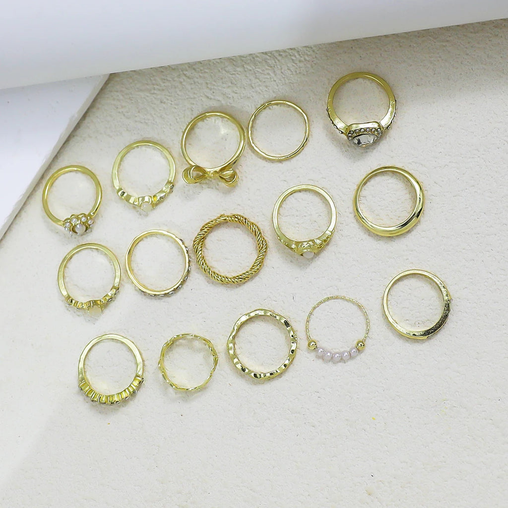15pcs/Set Gold Rings With Bow, Flower, Leaf And Faux Pearl Designs,