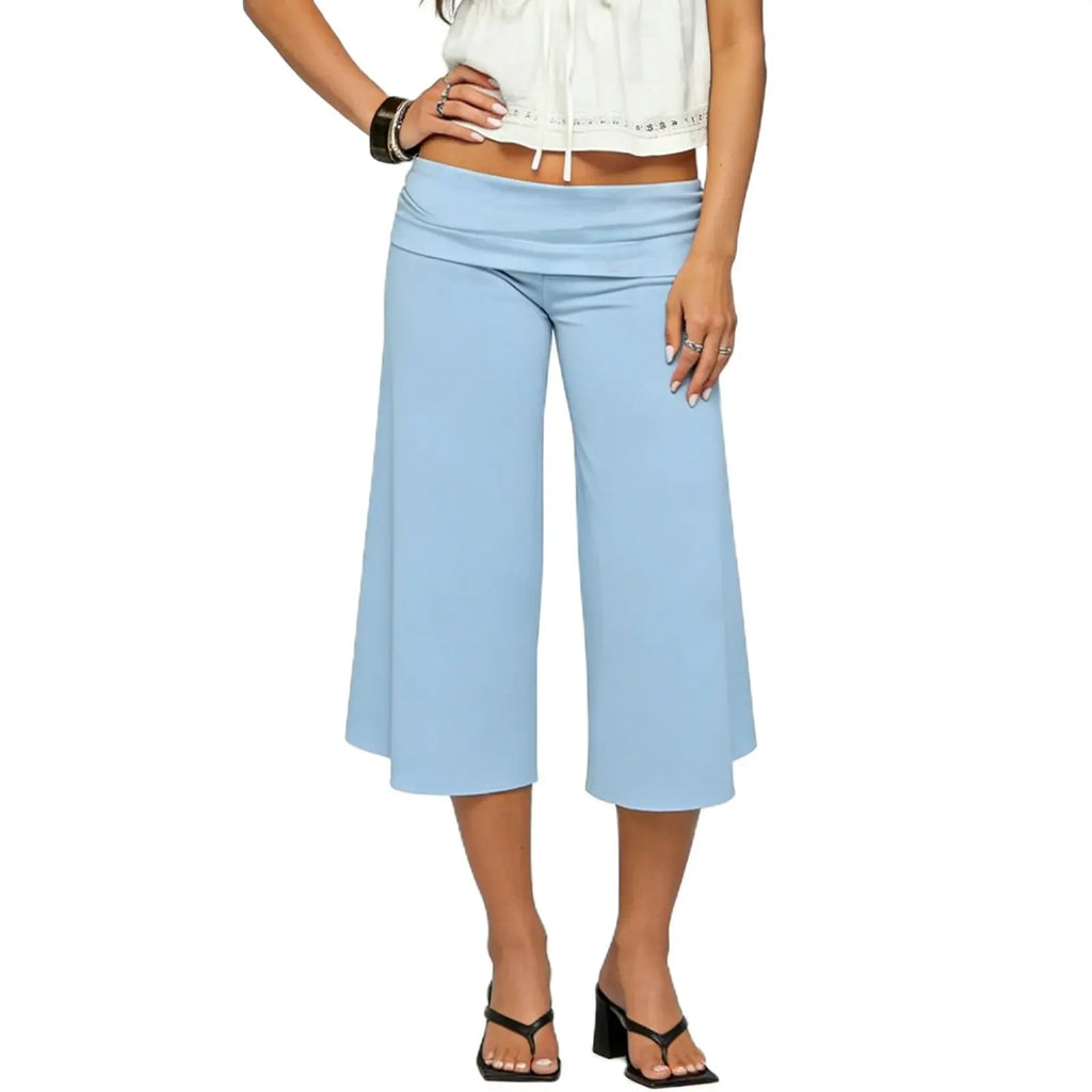 Summer Gaucho Pants Women Fold Over Cropped Capri Pants Low Rise Wide Leg Yoga Capris Palazzo Culotte Stretch Bottoms Streetwear