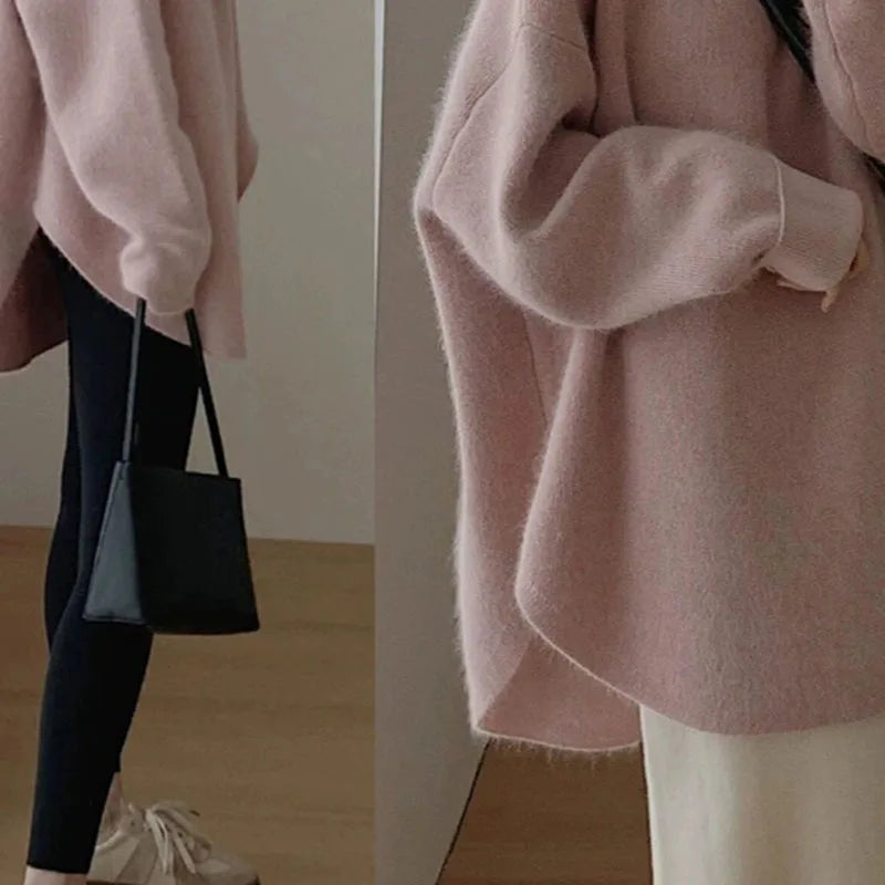 Knitwear Tops for Women 2026 Autumn Winter Thicken Loose Irregular Hem Knitted Sweater Female Round Collar Long Sleeve Pullover
