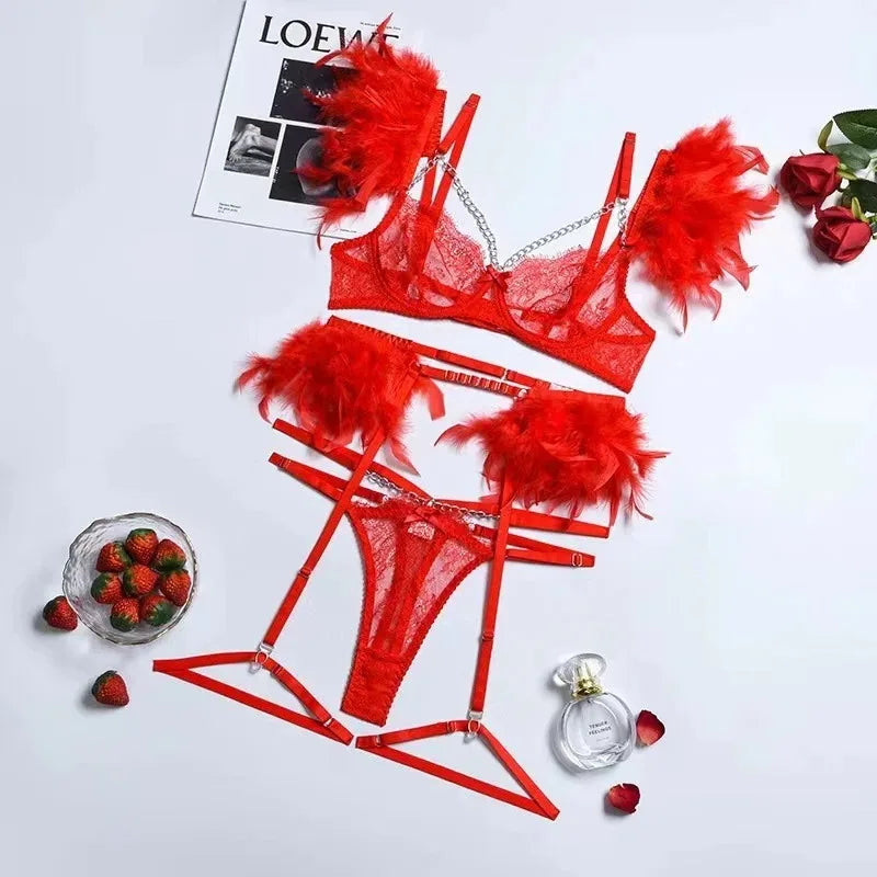 POPEYE Woman Bra Underwear 3 Pieces Erotic Lace Embroidery Feather