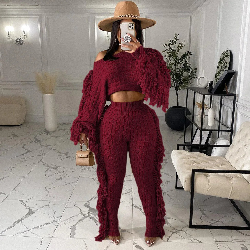 Women Sweater Knitted Pants Suit Knitting 2 Piece Set Pullover Top Trousers Ensemble Tassels Knitwear Outfits 2025 Autumn Winter