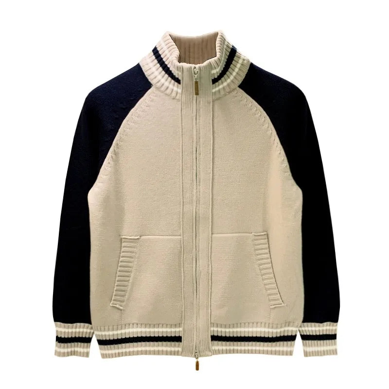 Fashion Color Block Knitwear Men's Winter Warm Casual Half High Zipper Sweater Coat Soft Double Knit Vintage Style