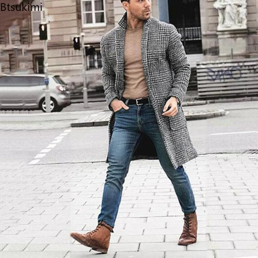 2026 Winter Clothing Men's Fashion Trench Luxury Long Woolen Coats Grey Casual Plaid Button Vintage Blends Windbreaker for Men