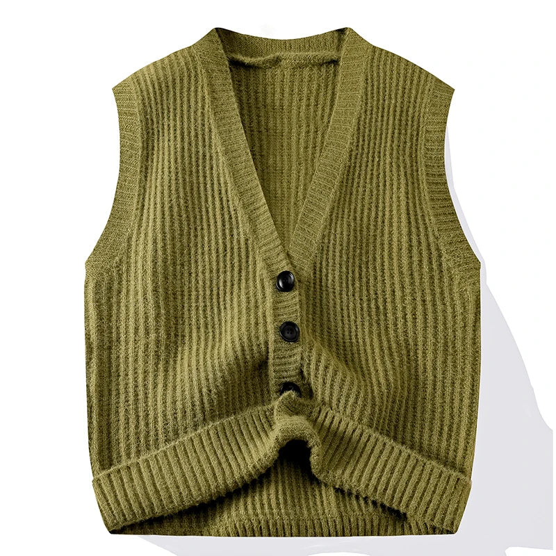 Chic Casual Sleeveless Vest Waistcoat Knitwear V Neck Fashion Loose Shirt Coat New Men Clothes Tops Knit Sweater Jacket Cardigan