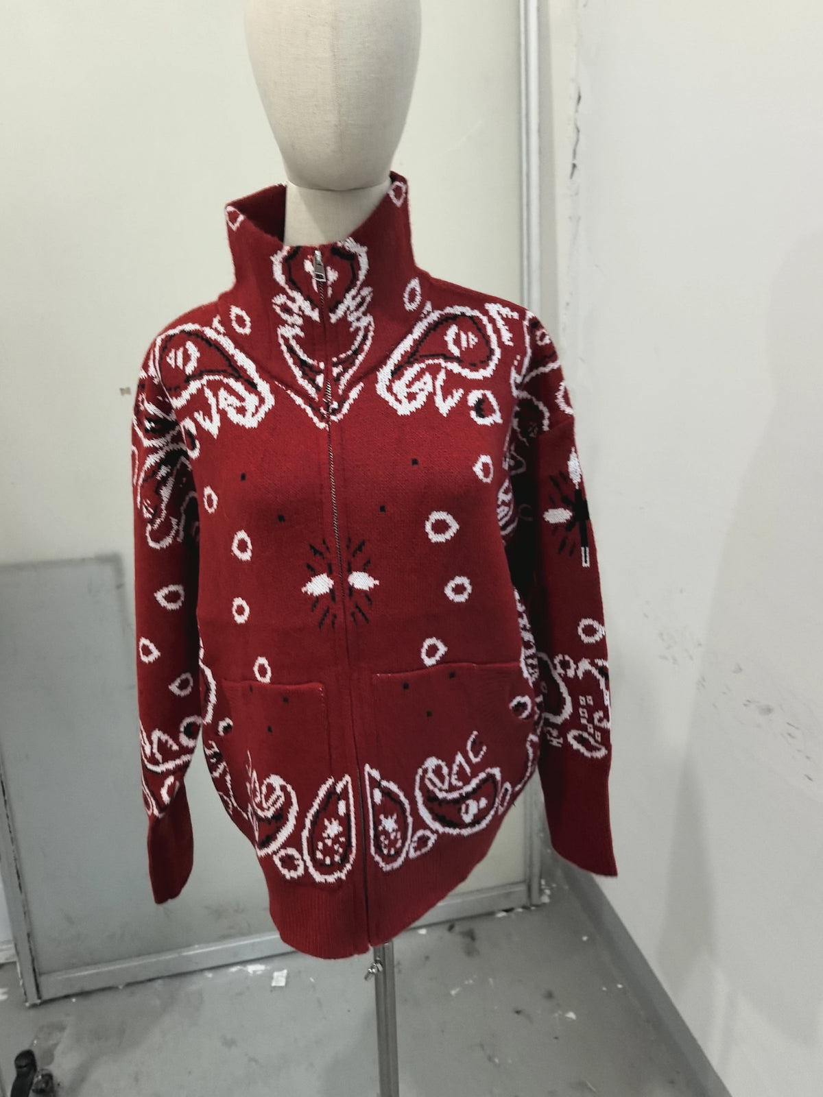 Casual Printed Knitted Women's Cardigan Long Sleeve Zippers Stand Collar Pocket Lady Sweater 2026 Autumn Chic Female Streetwear