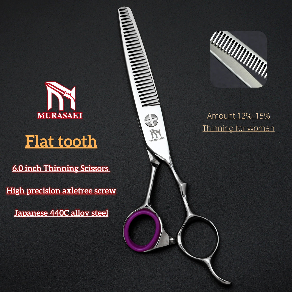 MURASAKI Professional Barber Scissors，6.0 Inch Japanese 440C Steel Hairdressing Scissors，Salon High-Quality Hair Cutting Tools