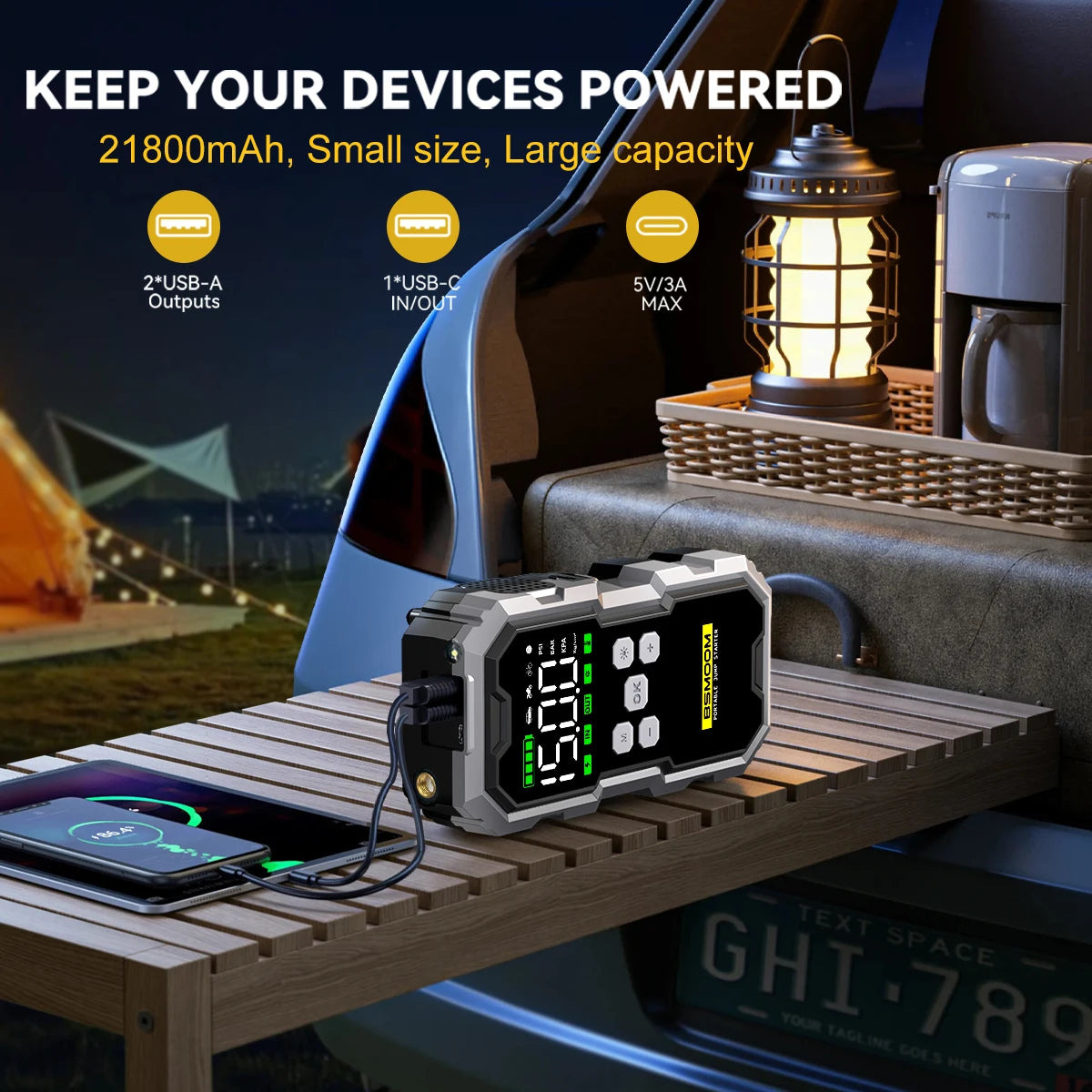 Car Jump Starter With Air Compressor LCD Screen 21800mAh Portable