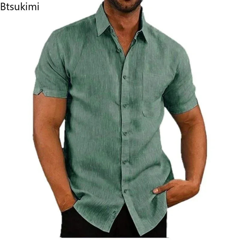 2026 Men's Summer Casual Short Sleeved Shirt Solid Button Up Shirts Male Streetwear Trun-Down Collar Slim Fit T-Shirts for Men