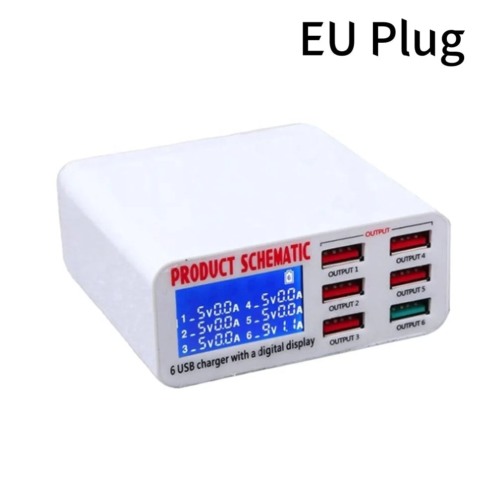 6-Port USB Charger Hub Fast Charging Station With LED Display Screen For