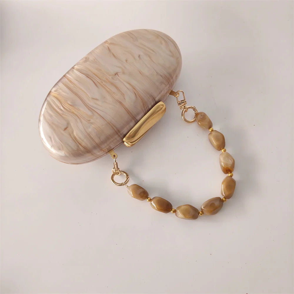 Lady Pearl Marble Brown Shell Egg Acrylic Box Clutch Purse Women Evening Purses Wedding Handbags Female Shoulder Bags Day Clutch