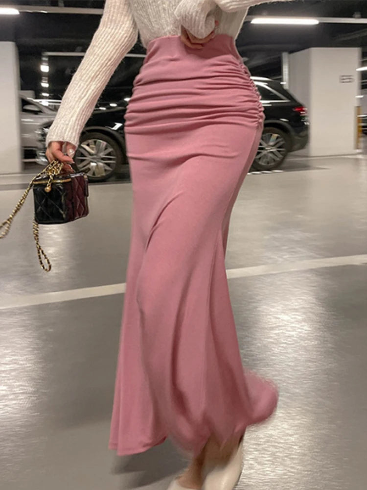 Shirring Satin Skirts for Women High Waisted Skirt Women A-Line Elegant