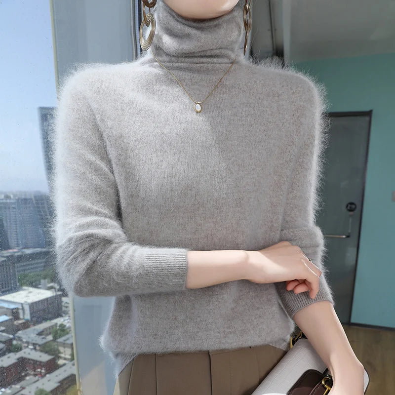 100% Pure Mink Cashmere Knitted Pullovers Women High-Neck Loose Large-size Sweater Casual Warm Tops Autumn and Winter Base Shirt