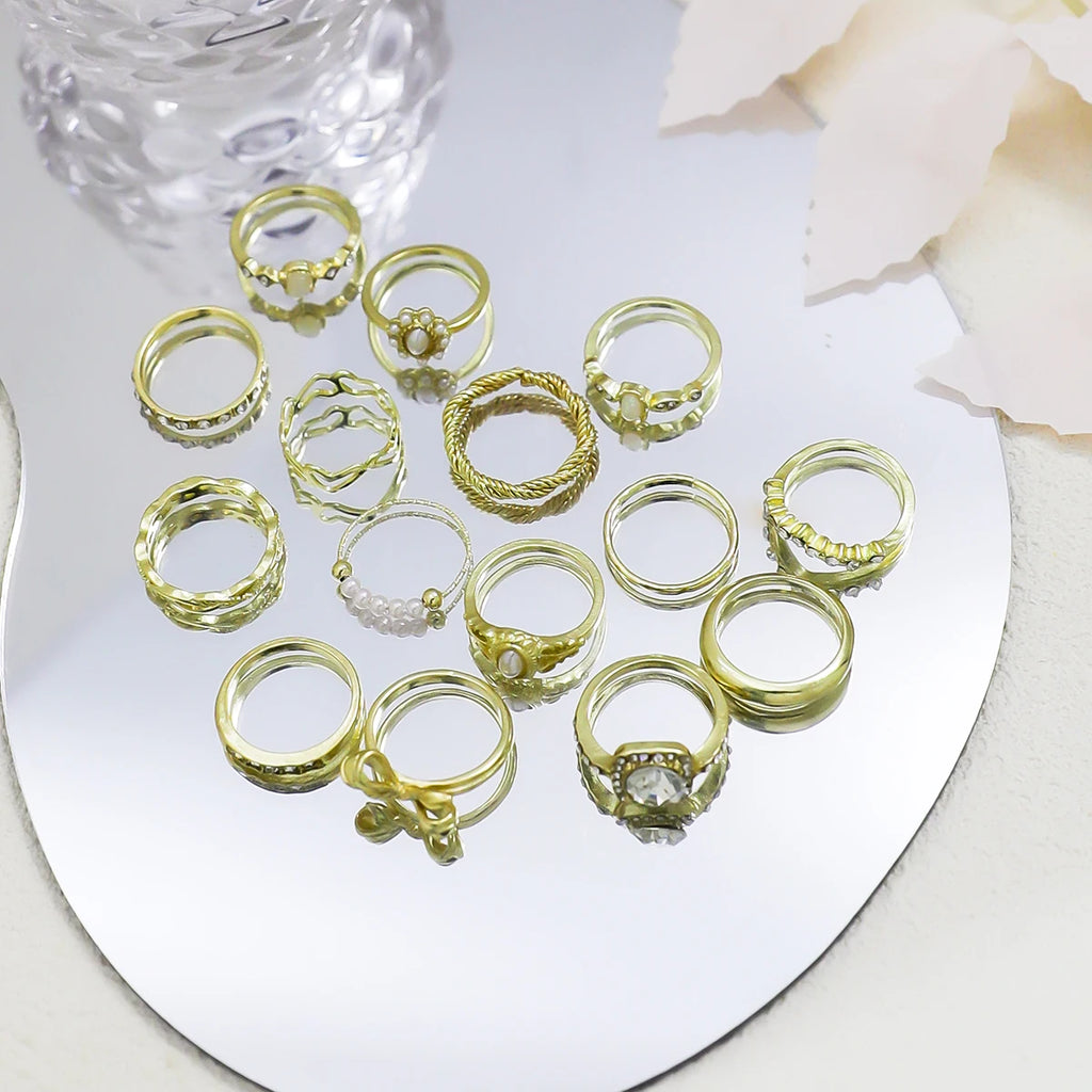 15pcs/Set Gold Rings With Bow, Flower, Leaf And Faux Pearl Designs,