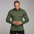 New Autumn Fashion Men Solid Color Fitness Turn-down Collar Button Super Slim Fit Muscleguys Business Dress Shirt