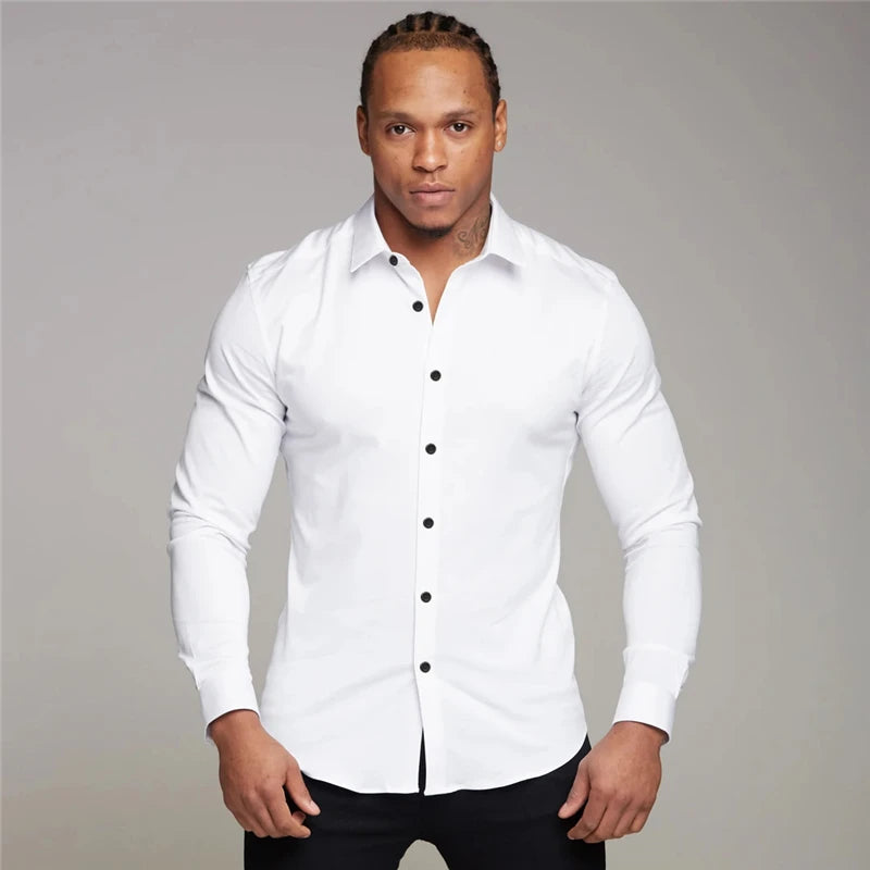 New Autumn Fashion Men Solid Color Fitness Turn-down Collar Button Super Slim Fit Muscleguys Business Dress Shirt