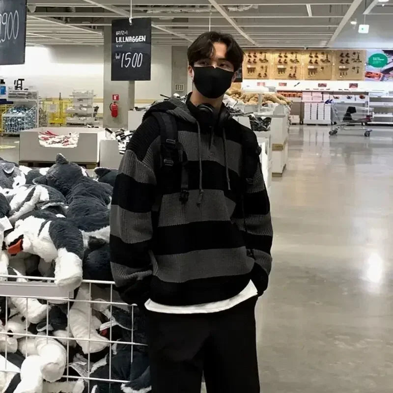 Knit Sweater Male Loose Fit Striped Men's Clothing Black Spliced Pullovers Korean Fashion Hoodies Y2k Streetwear New in Tops A V