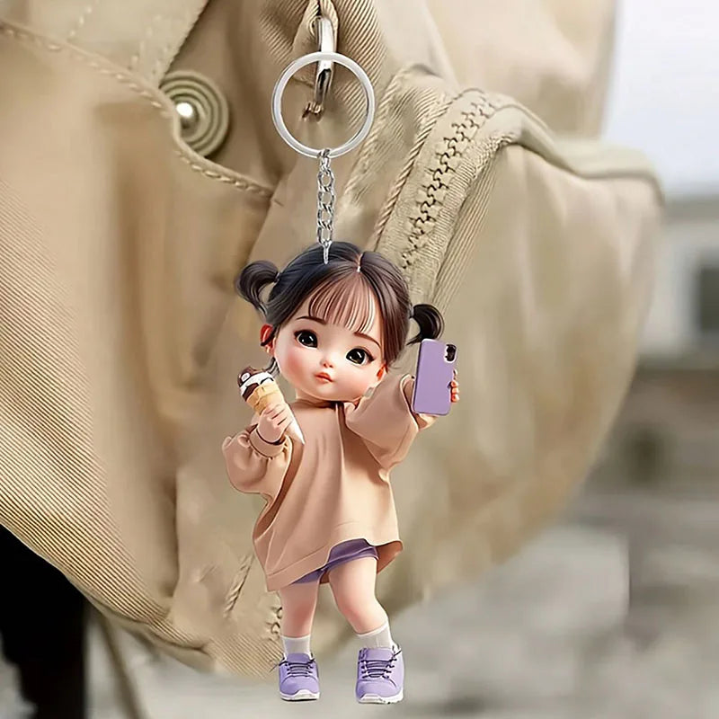 1 Cute Acrylic Girl Keychain, 2D Flat, Holiday Gift, Backpack