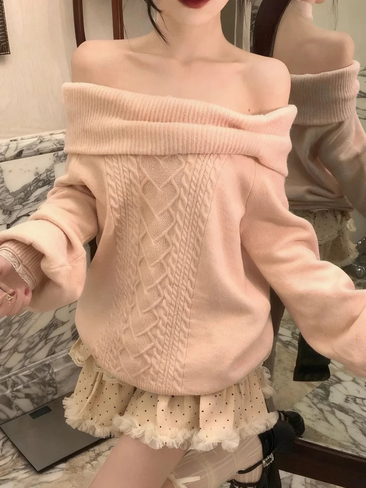 Sweet Daily Streetwear Japanese Women Slim Fit Off Shoulder Knit Jumper