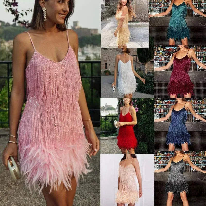 Sequin Fringe Dress Women V Neck Slip Party Gown Feather Trim Birthday Glam