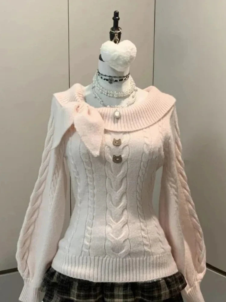 Sweet Daily Streetwear Japanese Women Slim Fit Off Shoulder Knit Jumper