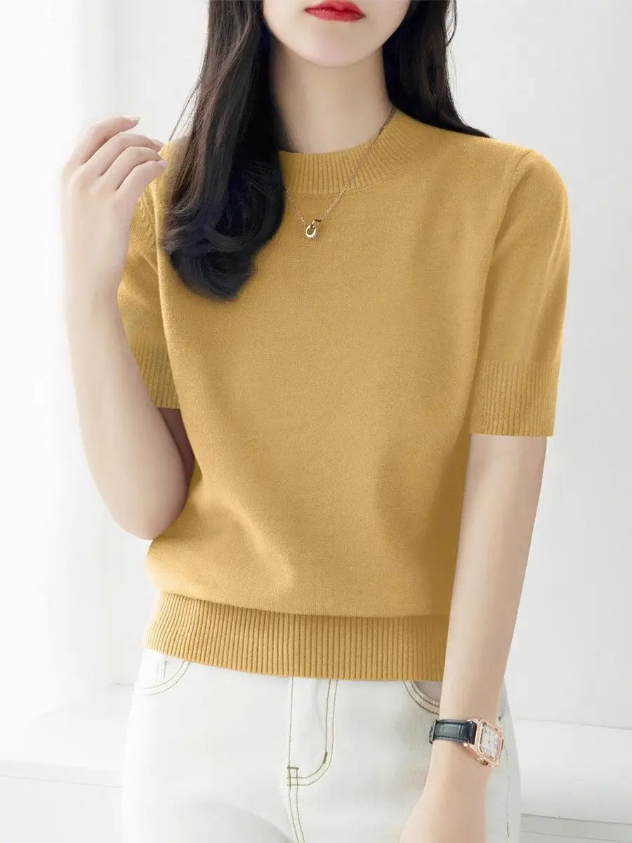 Knitwears New O-Neck Black Knitted Sweater Women Pullovers Short Sleeve Knit Sweater Pullover Women Tops Sueters De Mujer Q3104