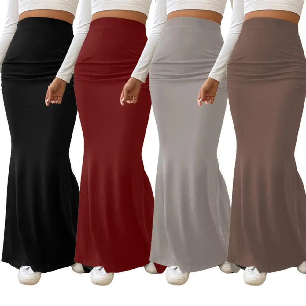 Women Maxi Skirt Solid Color High Waist Knitted Women's Fishtail Skirt Long Skirt Spring Autumn Elegant Shirring Design Skirts