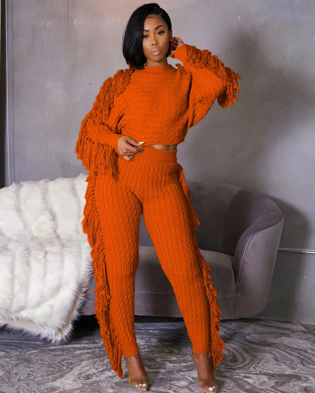 Women Sweater Knitted Pants Suit Knitting 2 Piece Set Pullover Top Trousers Ensemble Tassels Knitwear Outfits 2025 Autumn Winter