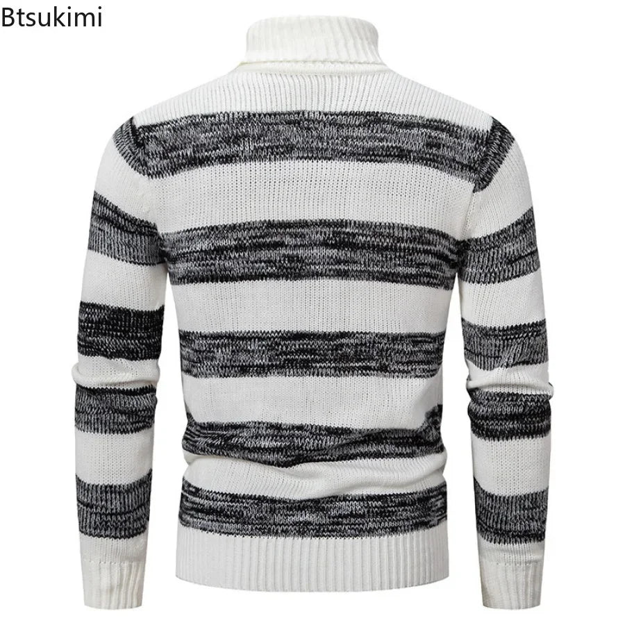 New 2026 Men's Knitwear Tops Autumn Winter Warm Turtleneck Pullovers Fashion Striped Splice Casual Knitted Sweaters Man Clothes