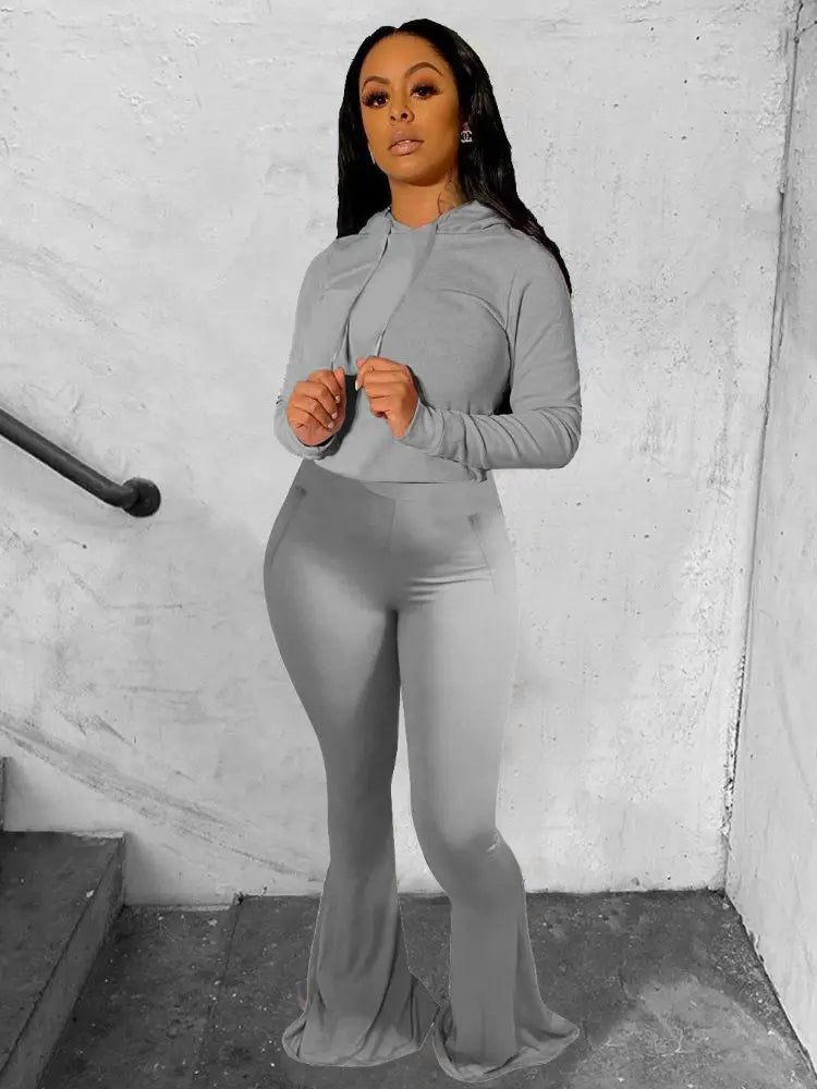 Active Wear Women'S Set Hooded Tops Wide Leg Flare Bell Bottom Pants