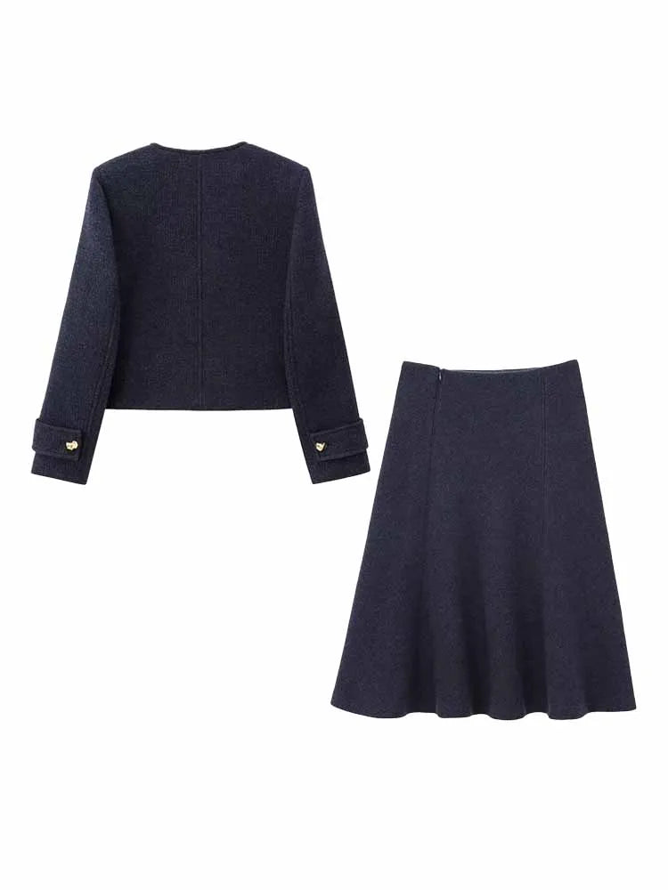 HH Woman Winter Fashion Blended Fabrics Round Neck Double Breasted Long Sleeves Coat+ Cape Skirt Female Casual Two Piece Set