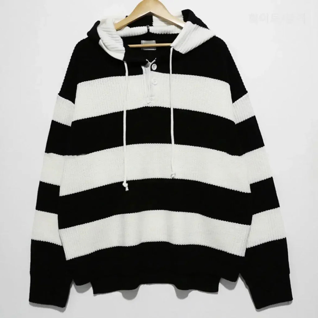 Knit Sweater Male Loose Fit Striped Men's Clothing Black Spliced Pullovers Korean Fashion Hoodies Y2k Streetwear New in Tops A V