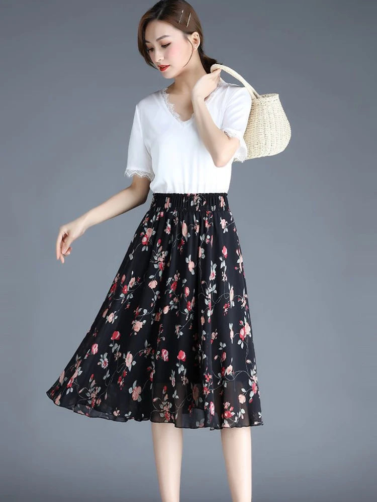 Female Skirts Floral To Knees Length Women'S Skirt Chiffon Vintage Cheap