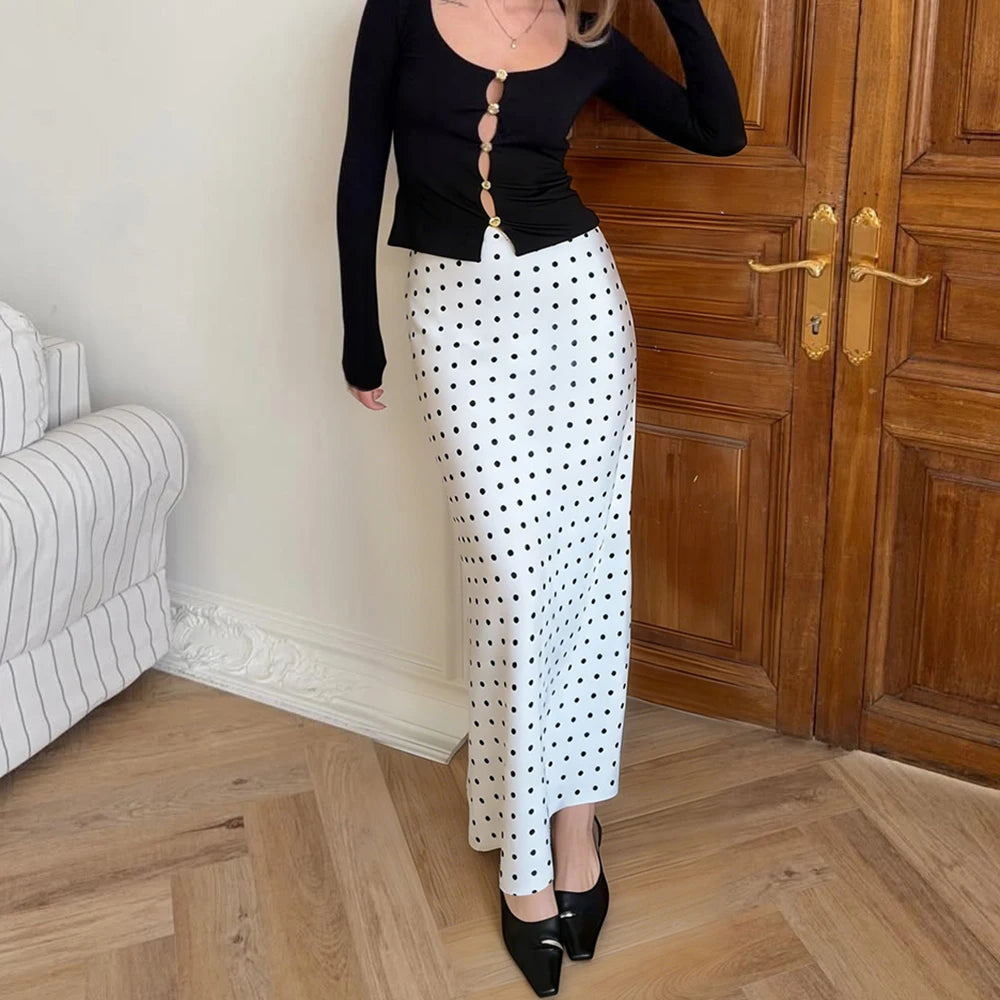 Talenza White Polka Dot Skirt Elegant Fashion Contrast Slim High Waist Patchwork Skirts Luxury New Party Women's Y2k Maxi Skirt