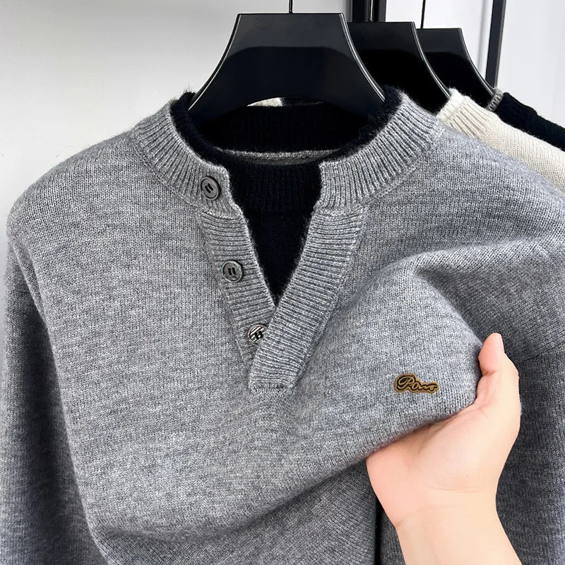 Fashion Men‘s Long-Sleeved Sweater Knitwear Button False Two-Piece Color Blocking Pullover Classic Leisure Hot-Selling for Men