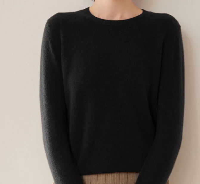 100% pure wool undershirt women's autumn and winter round-neck sweater loose high-end knitted pullover top women