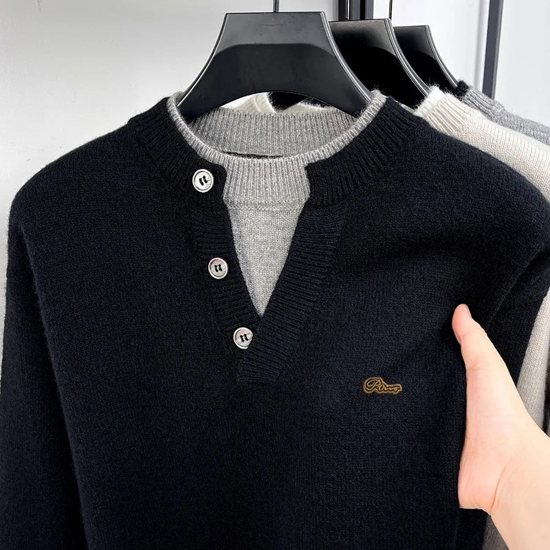 Fashion Men‘s Long-Sleeved Sweater Knitwear Button False Two-Piece Color Blocking Pullover Classic Leisure Hot-Selling for Men