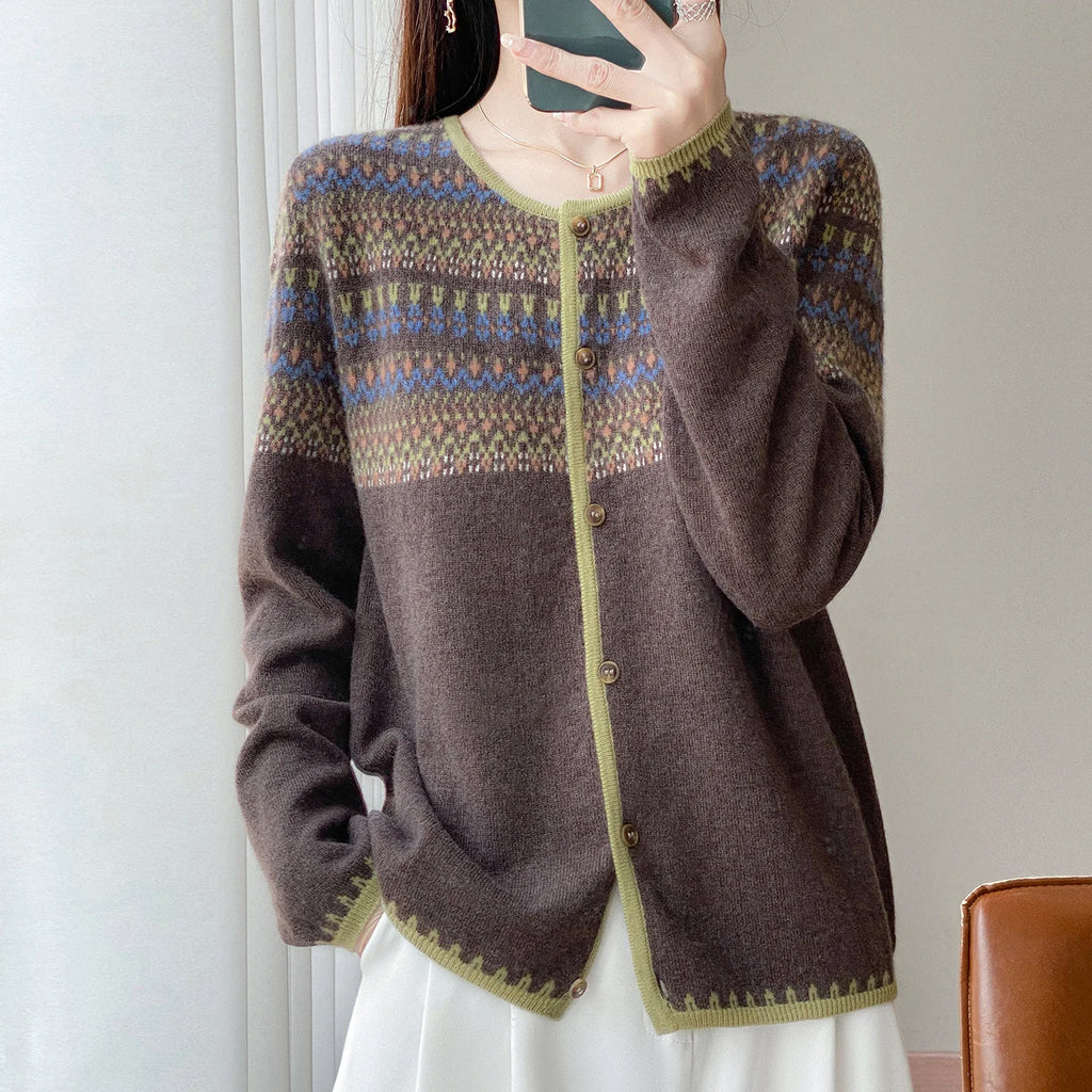 Round Neck Vintage Jacquard mercerized 100% Wool Sweater  Cardigan Women's Loose Long-sleeved Knitted Coat Women's sweater