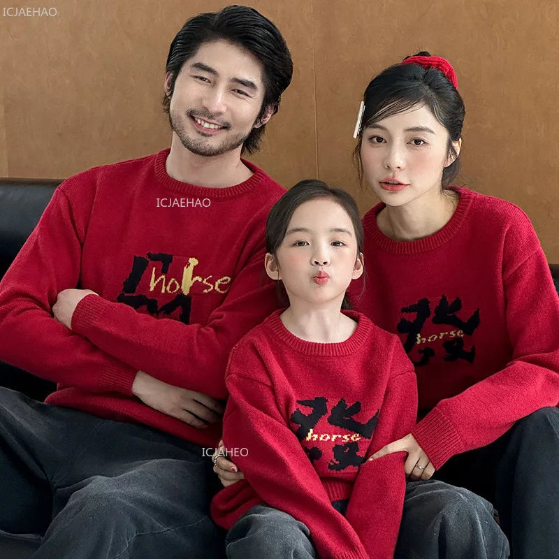 New Year Knitwear Family Set for 3-4 People Celebration Outfit Kids Red Fortune Design Lucky Pattern Sweater Jeans Warm Winter