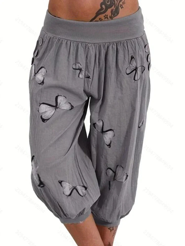 Women'S Plus Size 1XL-8XL Butterfly Capri Pants Comfy Stretch Waistband