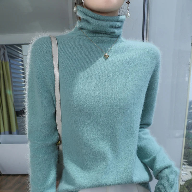 100% Pure Mink Cashmere Knitted Pullovers Women High-Neck Loose Large-size Sweater Casual Warm Tops Autumn and Winter Base Shirt