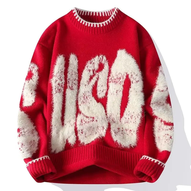 Loose Fit Thickened round Neck Knitwear Men's Winter Sweater Fashionable Streetwear Brand Tagkita Polyester Long Sleeve Crew ...