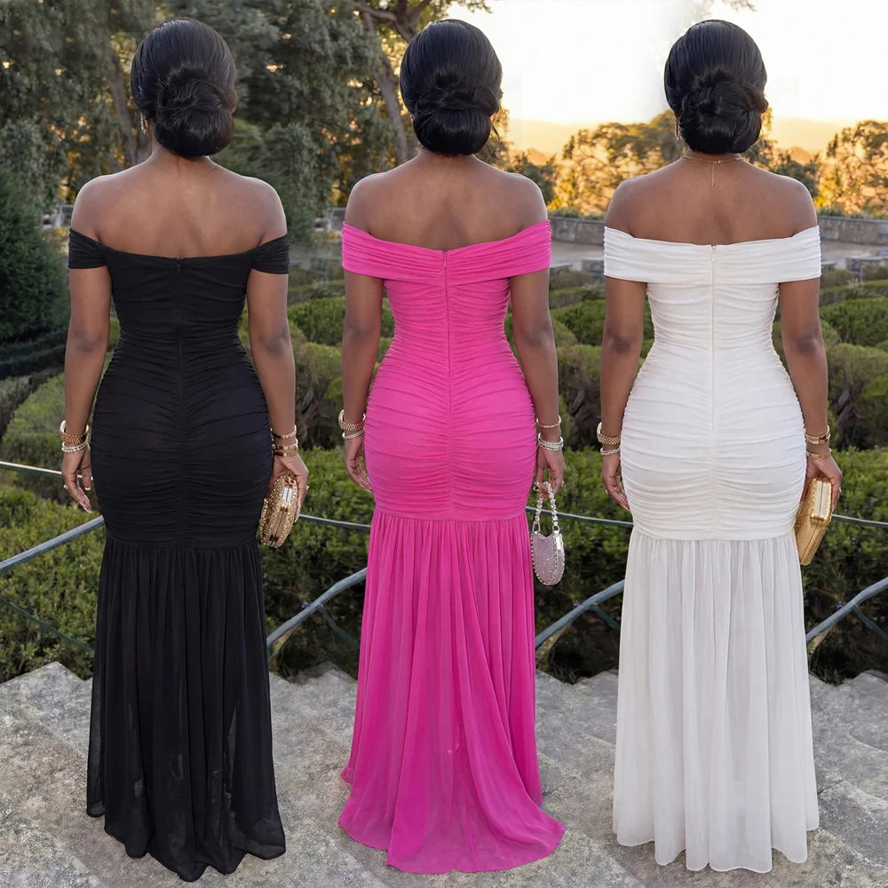 Dresses For Woman Off Shoulder Ruched Cinched Waist Evening Party Mesh