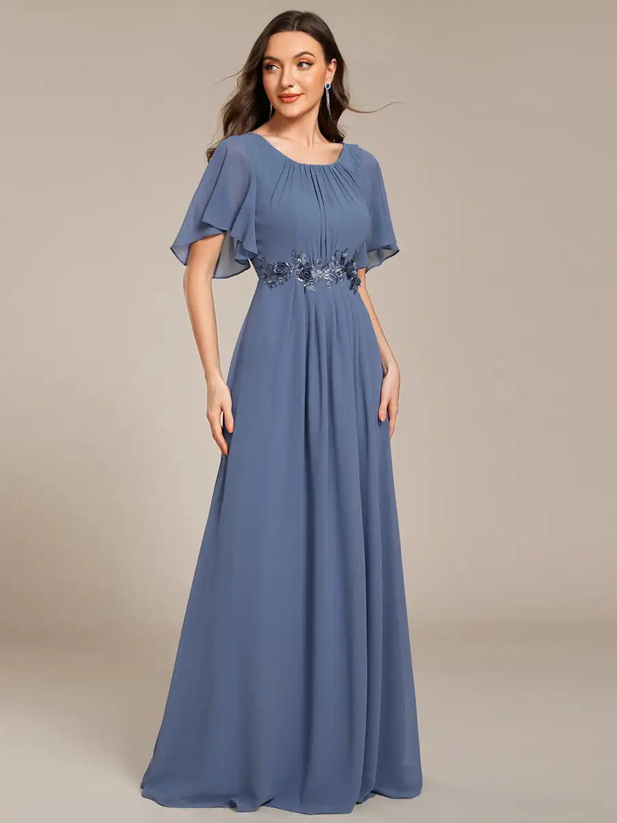 Evening Dresses Short Sleeves Pleated Applique Floor-Length Ever Pretty