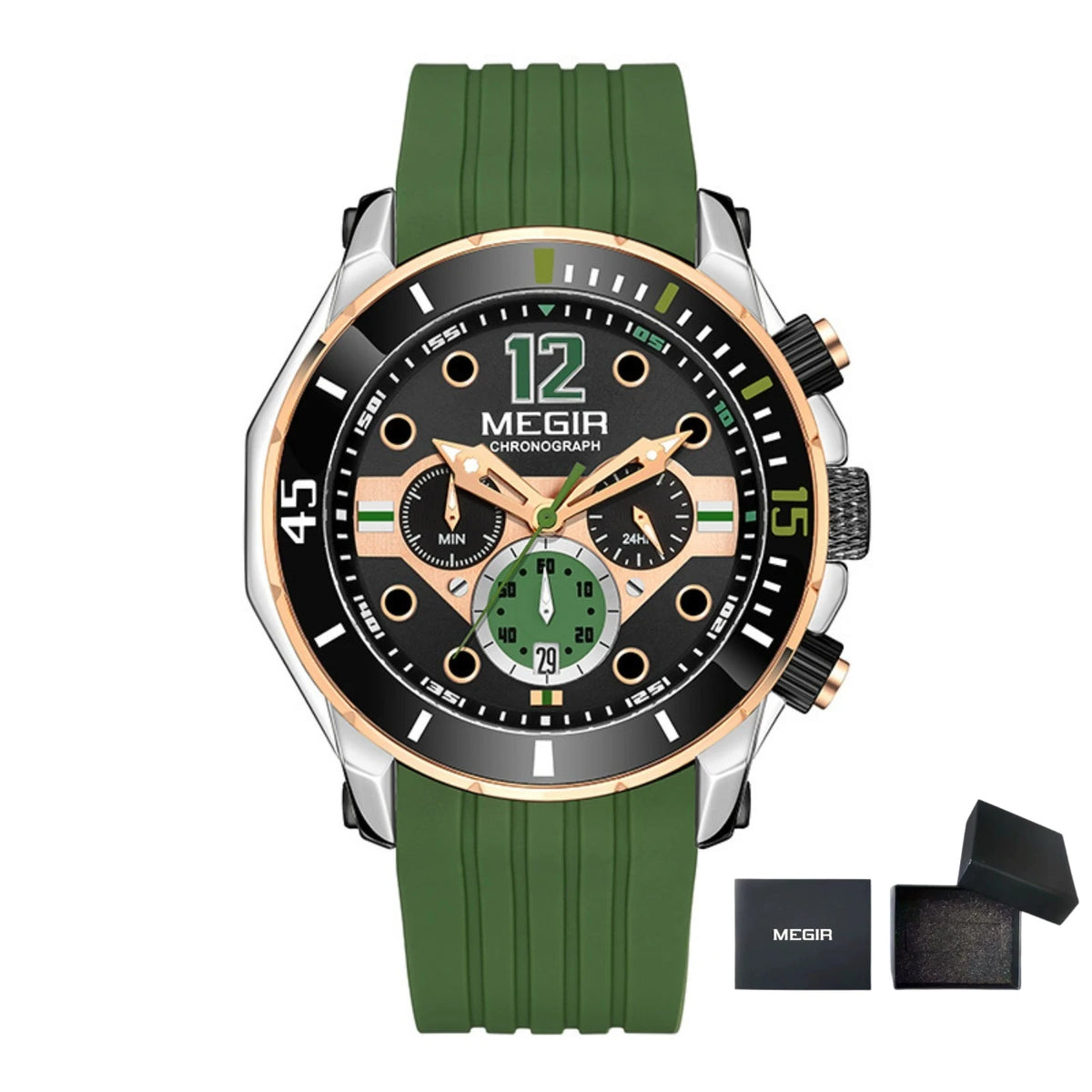MEGIR Chronograph Watches for Men Fashion Military Sport Silicone Strap Wristwatch with Auto Date Waterproof Quartz Watch Часы