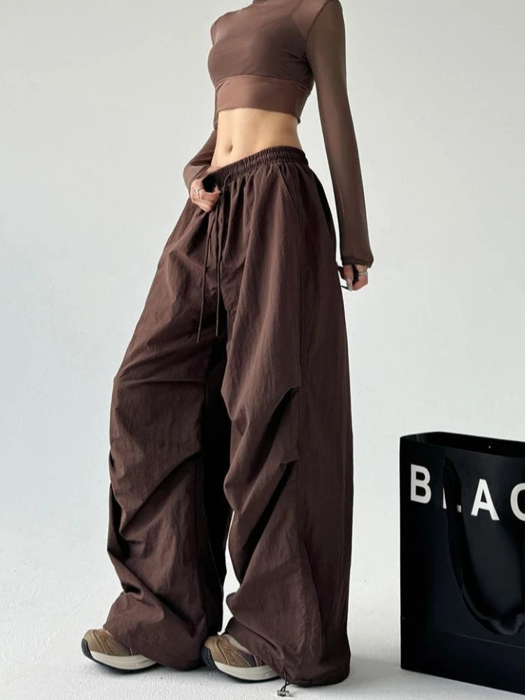 Women'S Brown Parachute Pants Summer Loose Straight Wide Leg Trousers