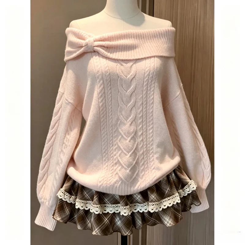 Sweet Daily Streetwear Japanese Women Slim Fit Off Shoulder Knit Jumper