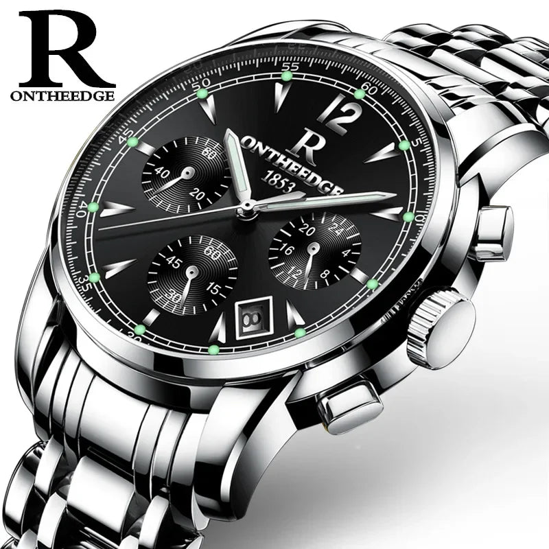 ONTHEEDGE Mens Watches Top Brand Luxury Business Quartz Watch Men All Steel Blue Face Waterproof Chronograph Relogio Masculino