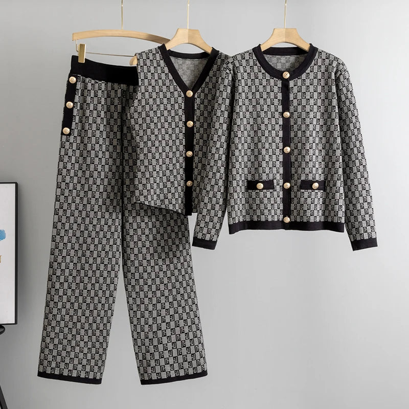 Knited 3 Piece Sets Elegant Women Long Sleeve Sweater Coat Single Breasted Knit Vest Trousers 2026 New