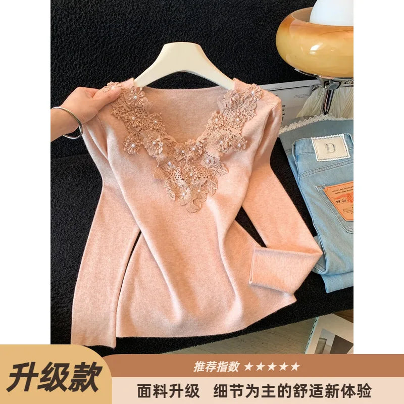 Heavy Embroidery Lace Beaded Knitwear V-Neck Long Sleeve Women's Fashion Slim Fit Base Shirt Autumn Season Polyester Fiber