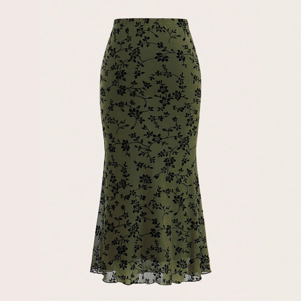 Elegant Dark Green Long Skirts Women 2025 Autumn Casual Floral Half-body Fishtail Slim Maxi Skirt